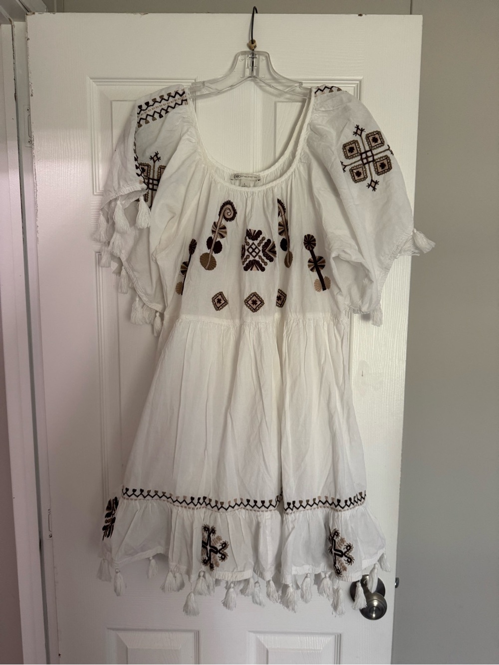 Cato White Dress with Brown Embroidered Accents